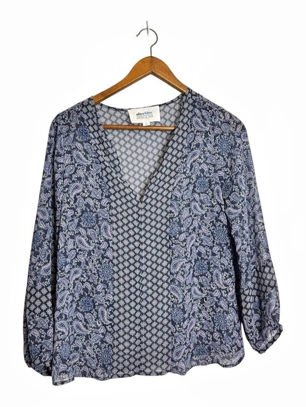 Alice Blue Stitch Fix Navy Blue White Floral Paisley Long Sleeve Sheer Blouse